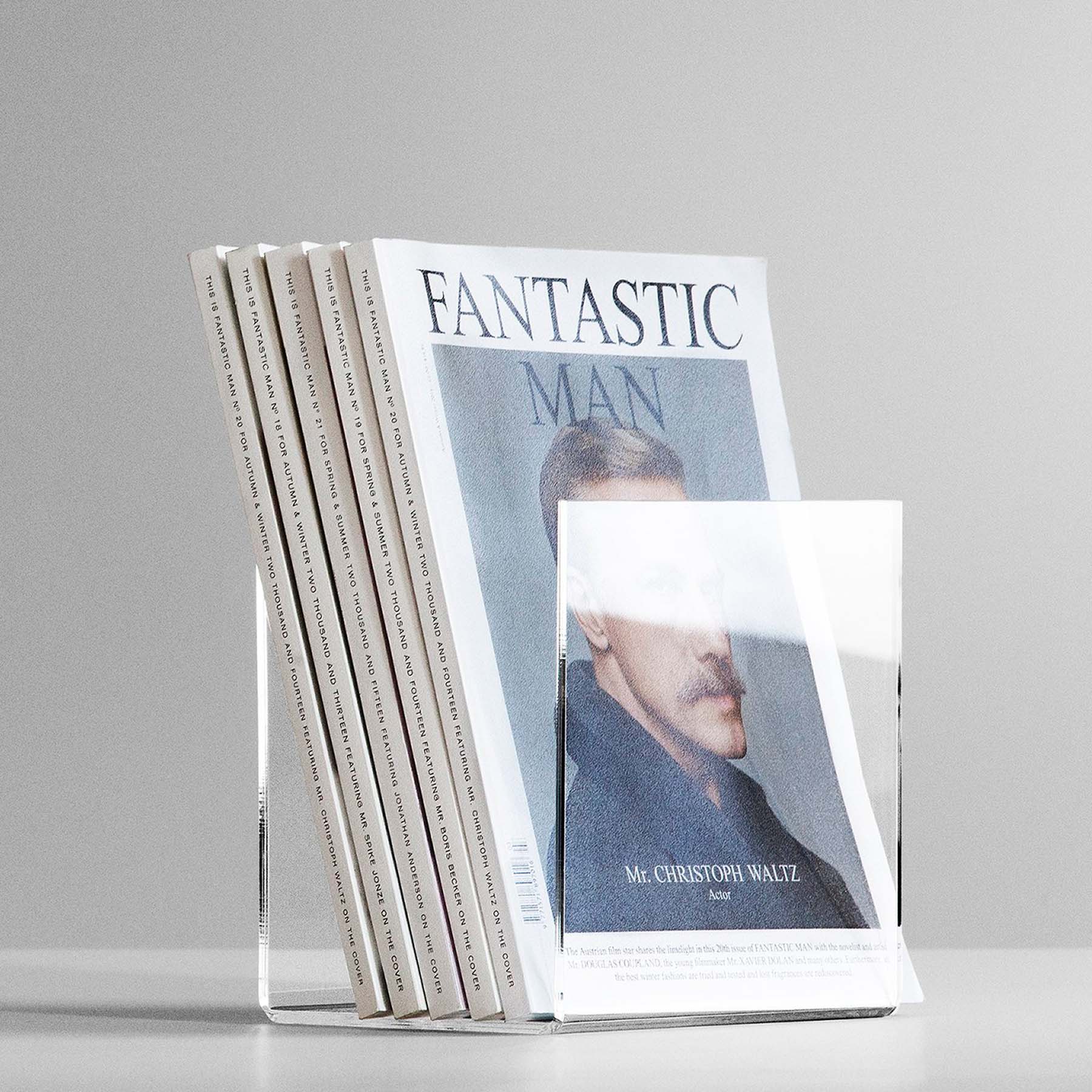 Book holder in acrylic with magazines